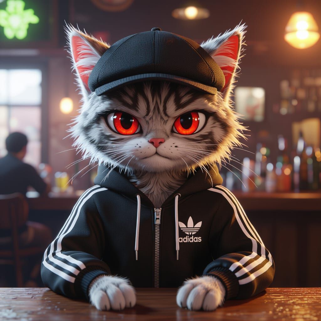 Cartoon Cat Humanoid in Adidas Bar Scene