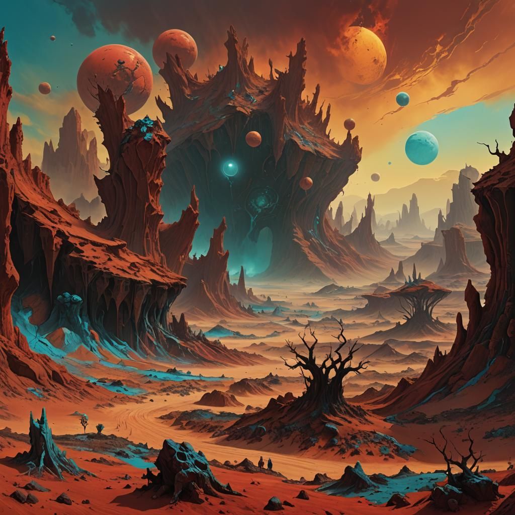 Surreal Red Planet with Eerie Creatures