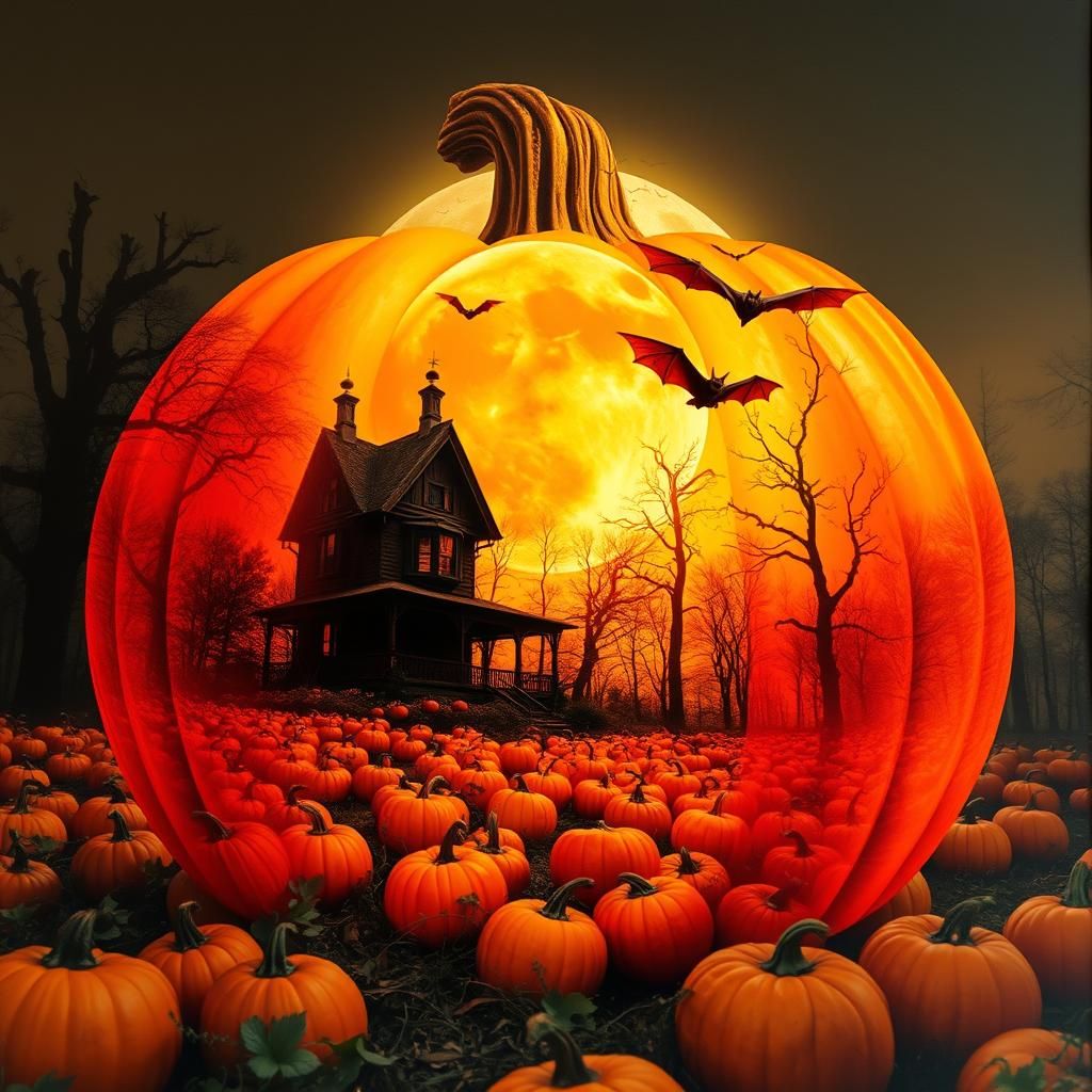 Spooky Double Exposure: Pumpkin, Haunted House, and Bats