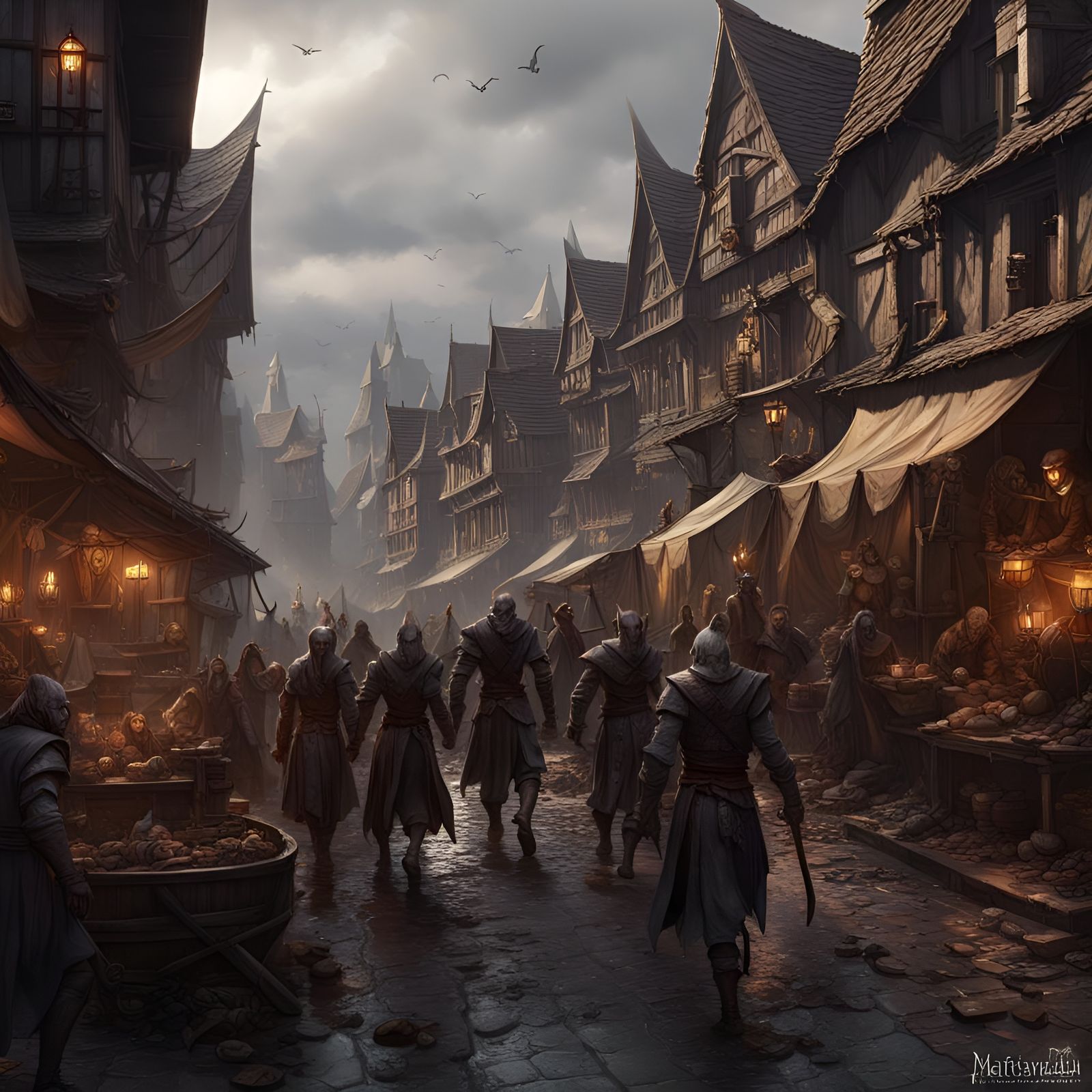 Dark Elves and Tieflings in Medieval Market Scene