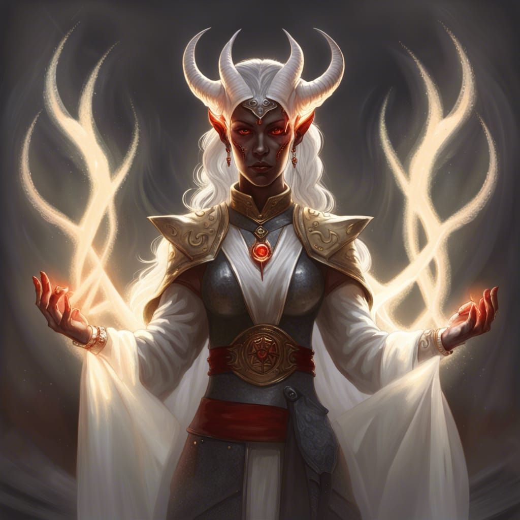 Tiefling Cleric Worships Sun God in Dark Fantasy Art
