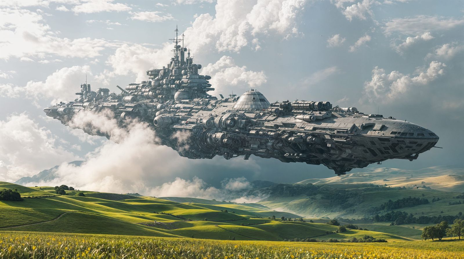 Epic Space Battleship Over Earthly Landscape in Cinematic Fi...