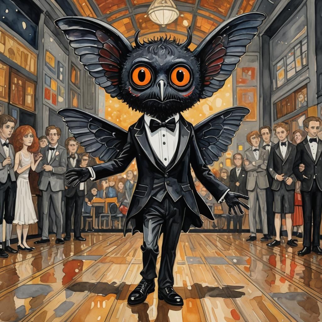 Cute chibi Teenage mothman wearing a tuxedo at a high school dance in a school gym, style of Edward gorey and gustav kli...
