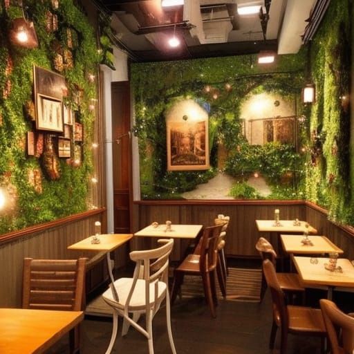Cozy Night Cafe with Eclectic Art