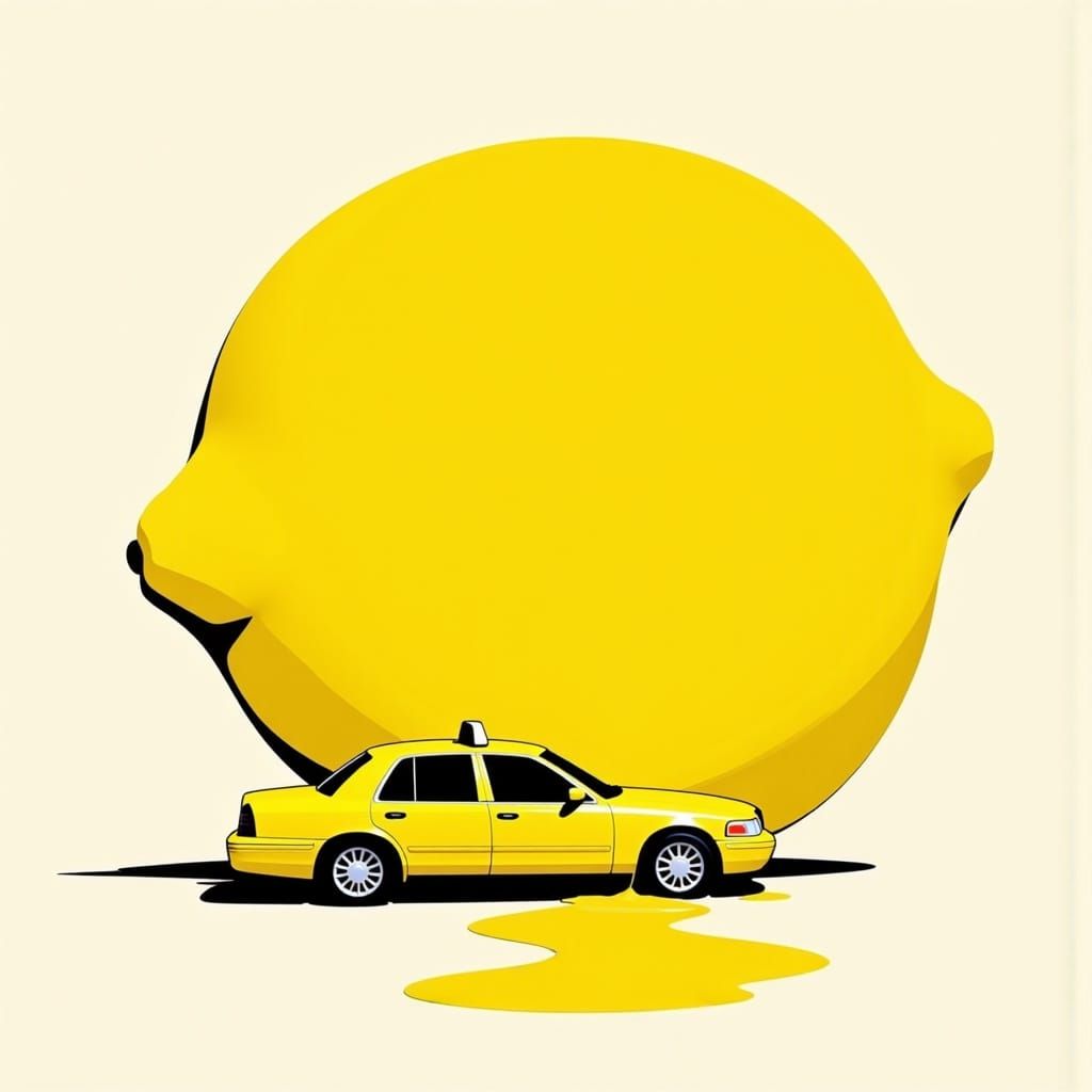 Yellow Taxi Crashes Into Giant Lemon in Line Art