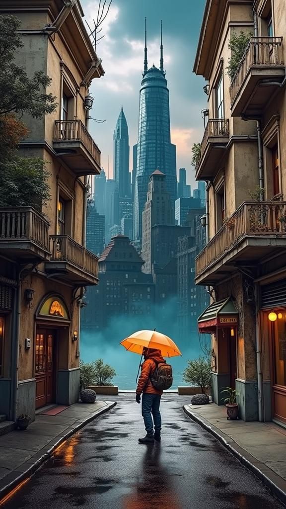 Astronaut in Rainy Cyberpunk Cityscape