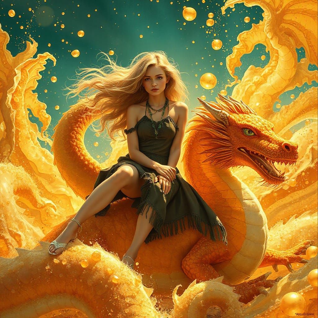 Woman on Gummy Dragon in Soda Sea, Art Nouveau & Fantasy Sty...