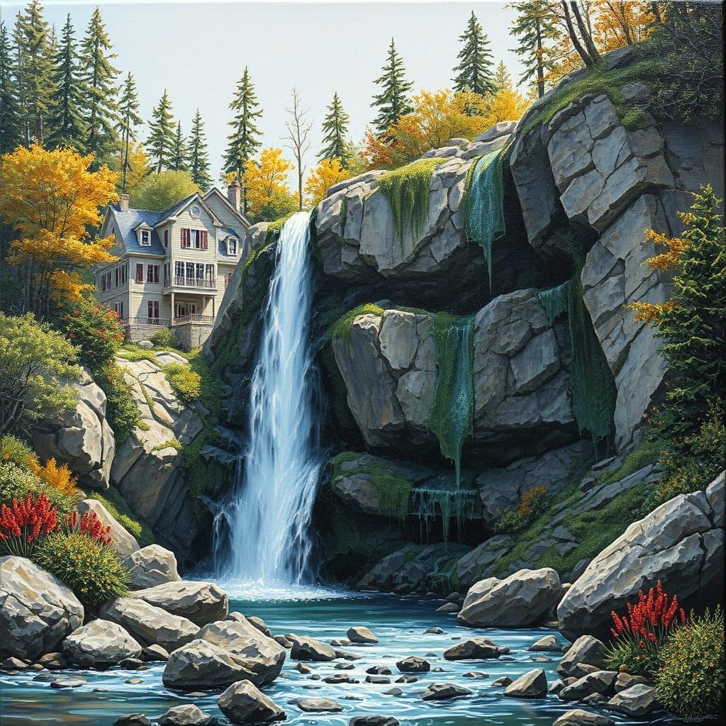 Waterfall in Impasto Style: Nature's Fury