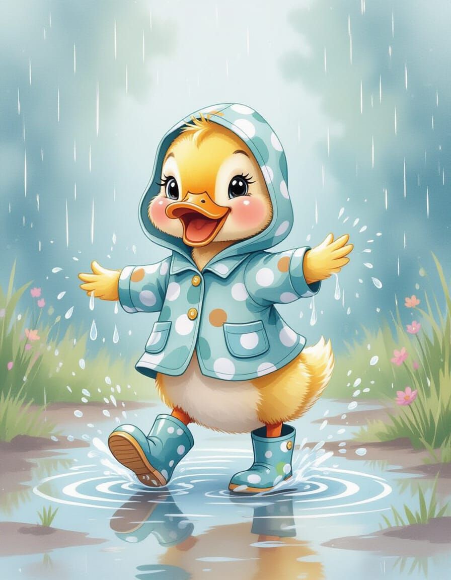 Duckling's Rainy Day Boogie in Watercolor Style