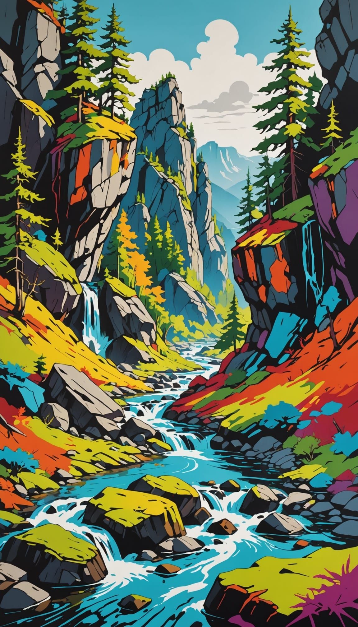 Abstract Landscape with Colorful Rivers and Mossy Rocks