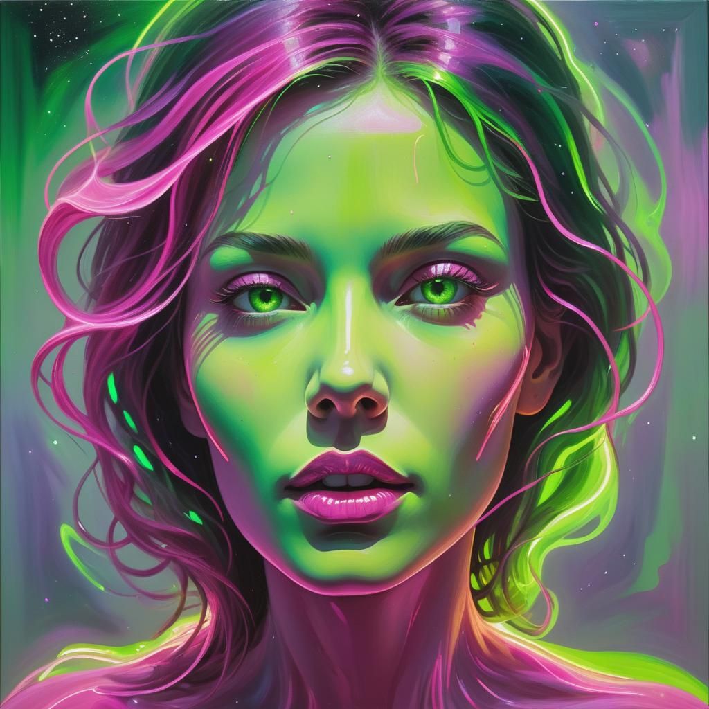 light drawing, dazzling spectacle, two neon colors, complementary neon colors, neon magenta and neon green, outer space,...