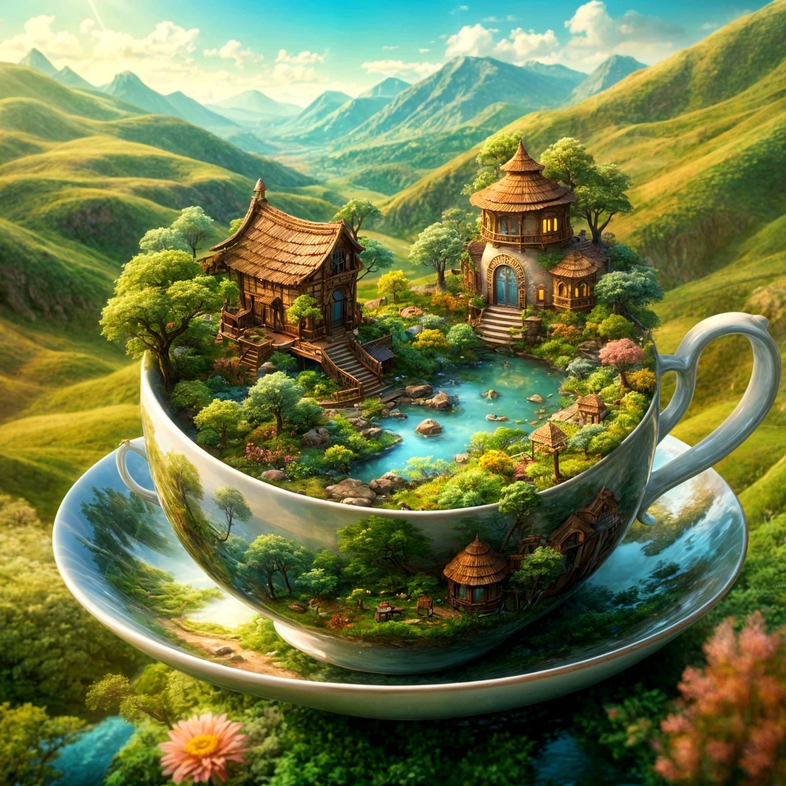 Paradise Teacup Landscape: Detailed Matte Painting