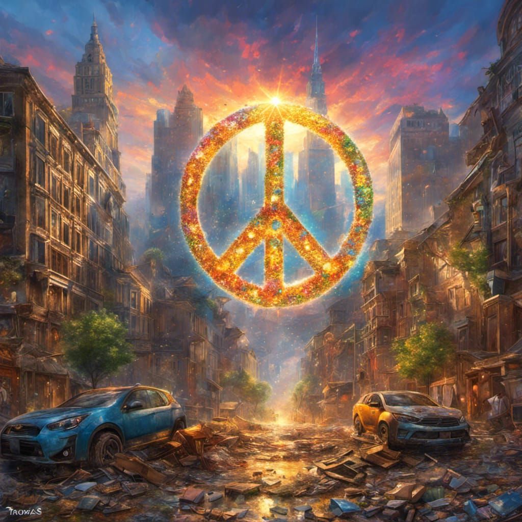 Peace Sign in Destroyed City, Mosaic Street Art