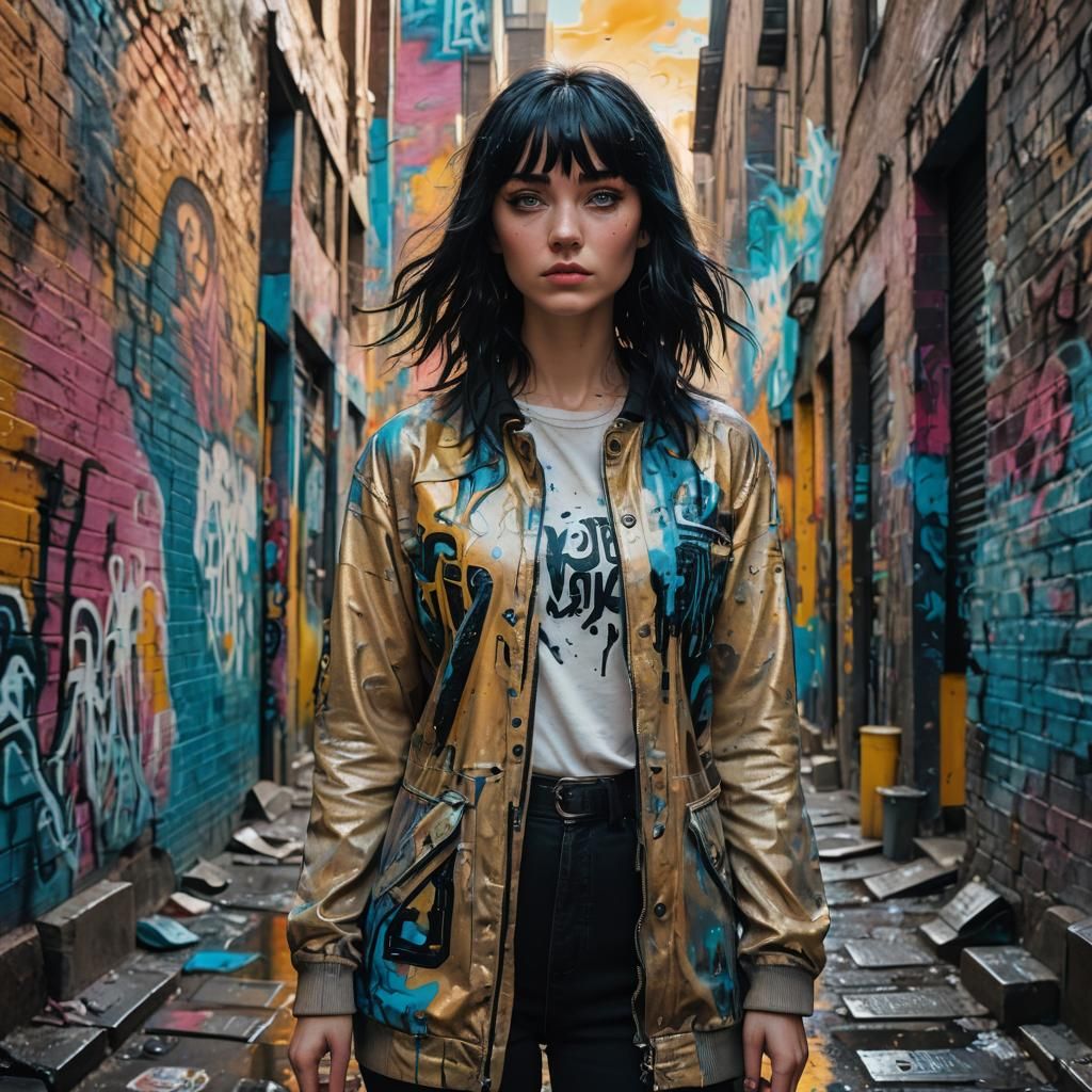 Cosmic Angel in Urban Alleyway, Graffiti Art Style