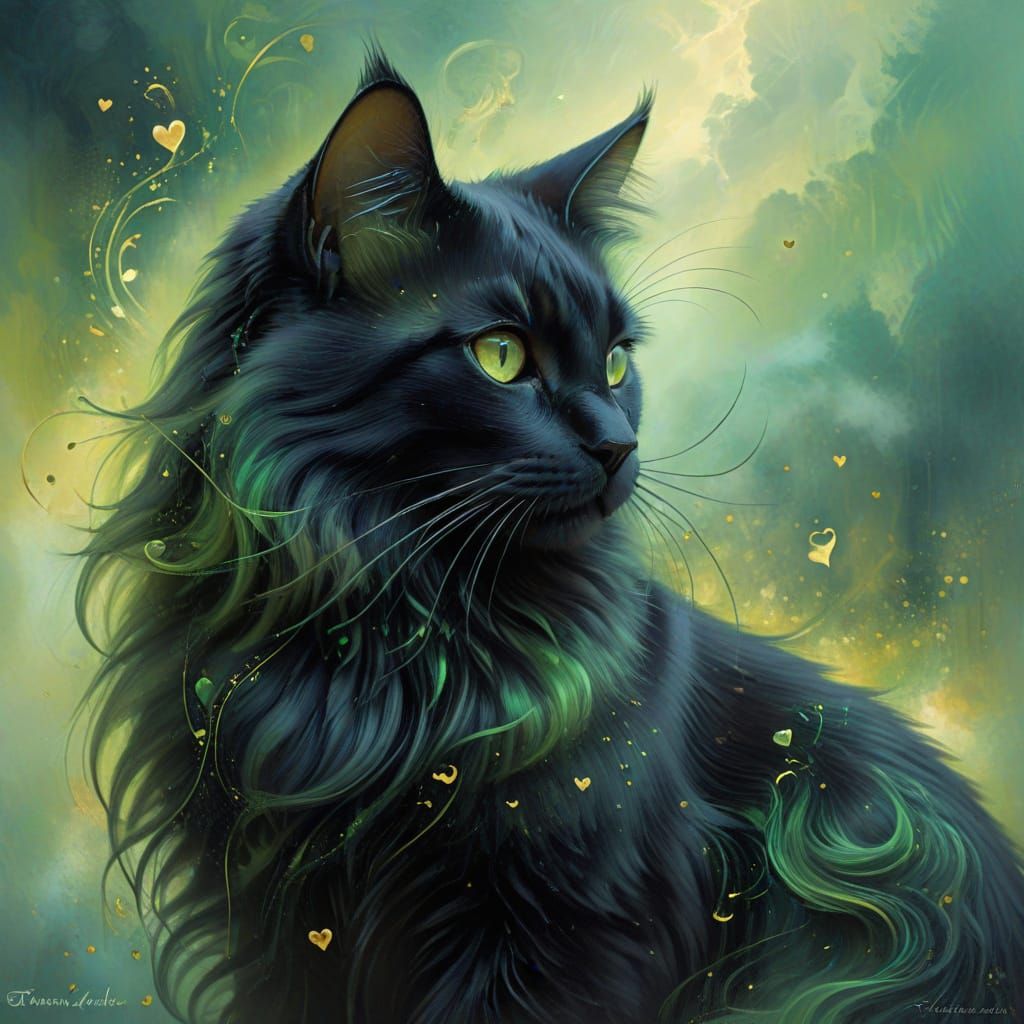 Elegant Black Cat in Ethereal Emerald Mist Oil Painting