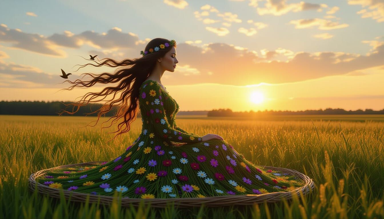 Ephemeral Land Art Sculpture with Woman and Nature