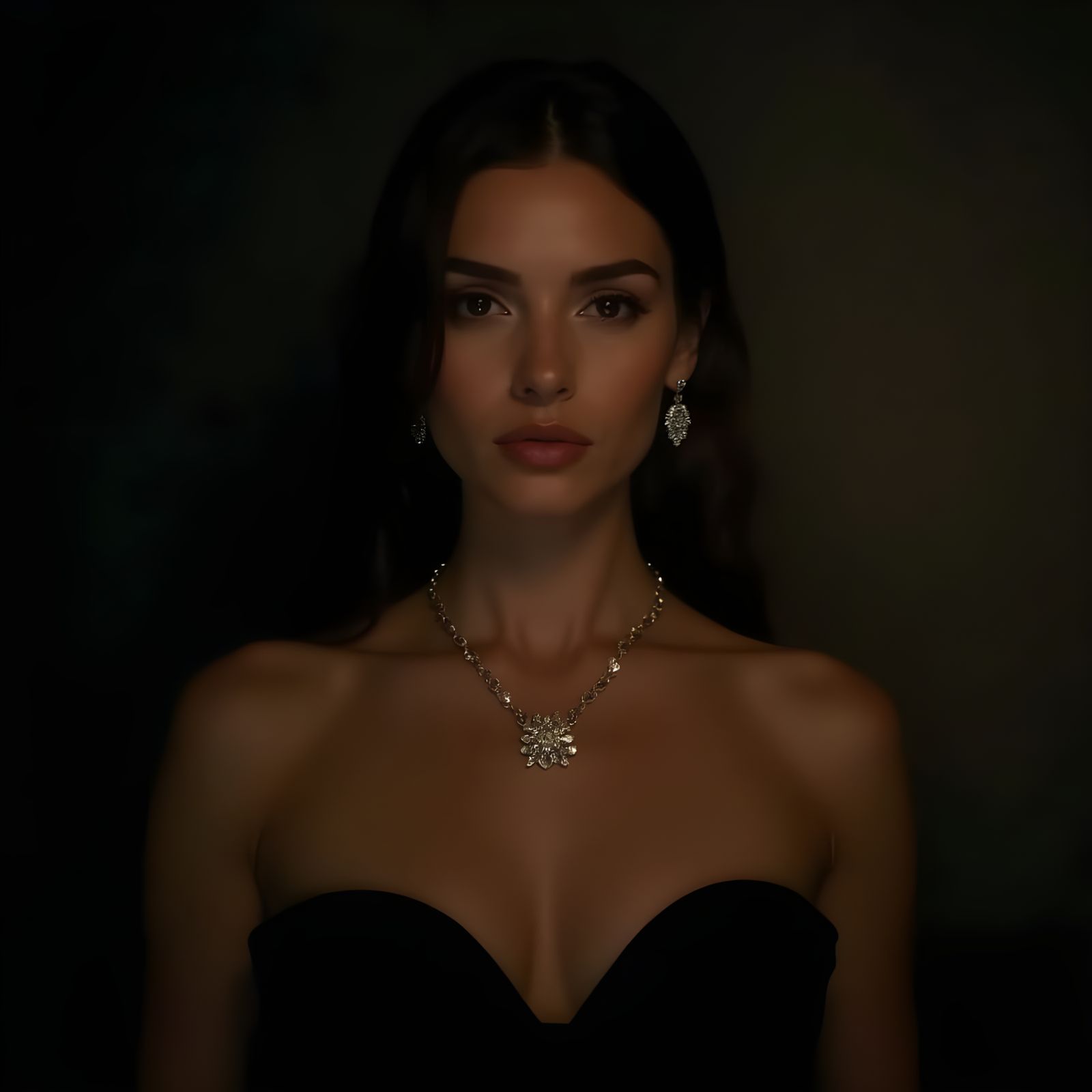 Elegant Noble Woman Wears Sparkling Necklace in Dramatic Stu...