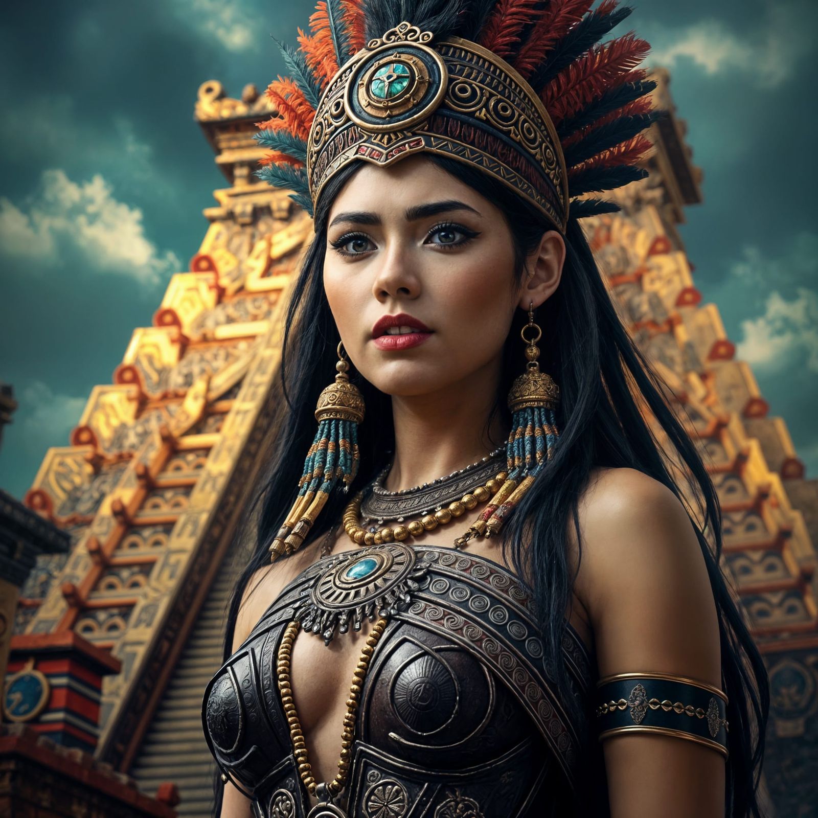 Aztec Princess Before Temple, Deep Colors
