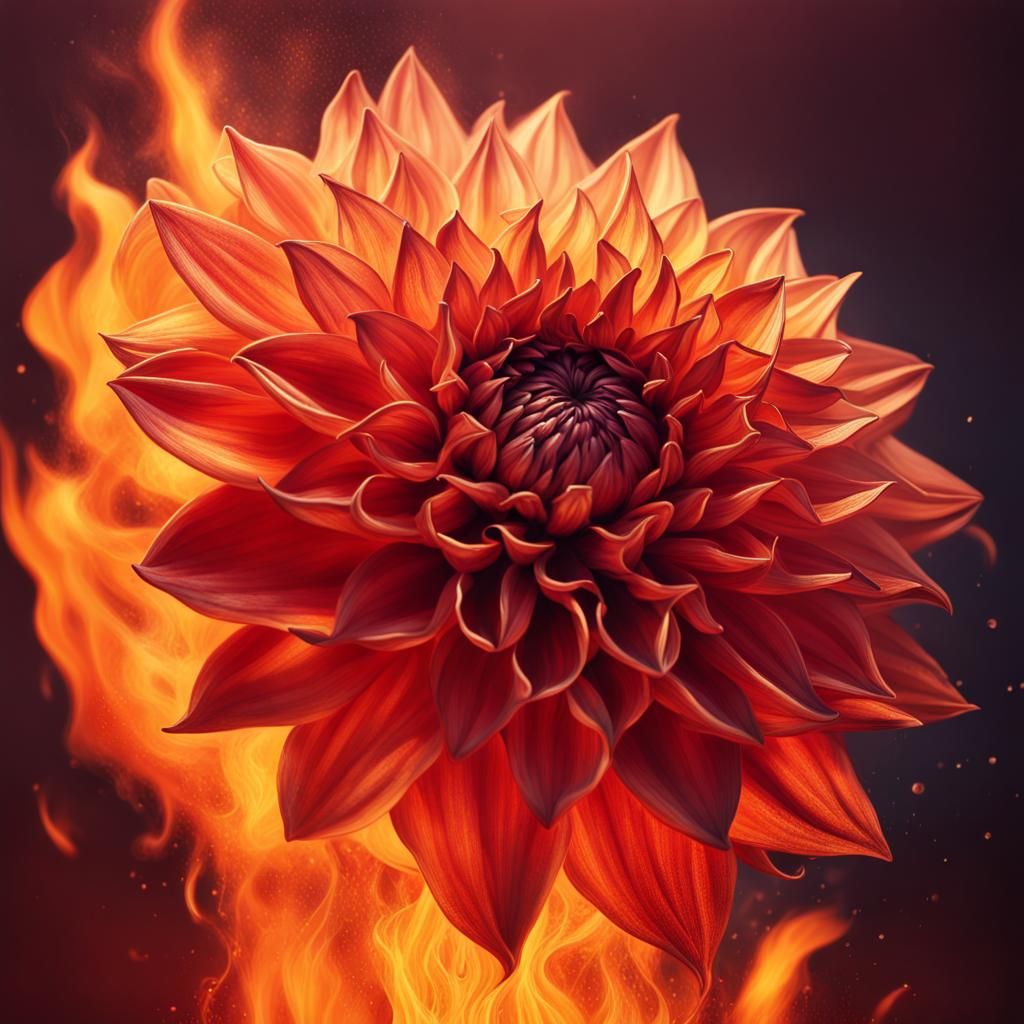 Fiery Dahlia in Hyperrealistic Splash Art
