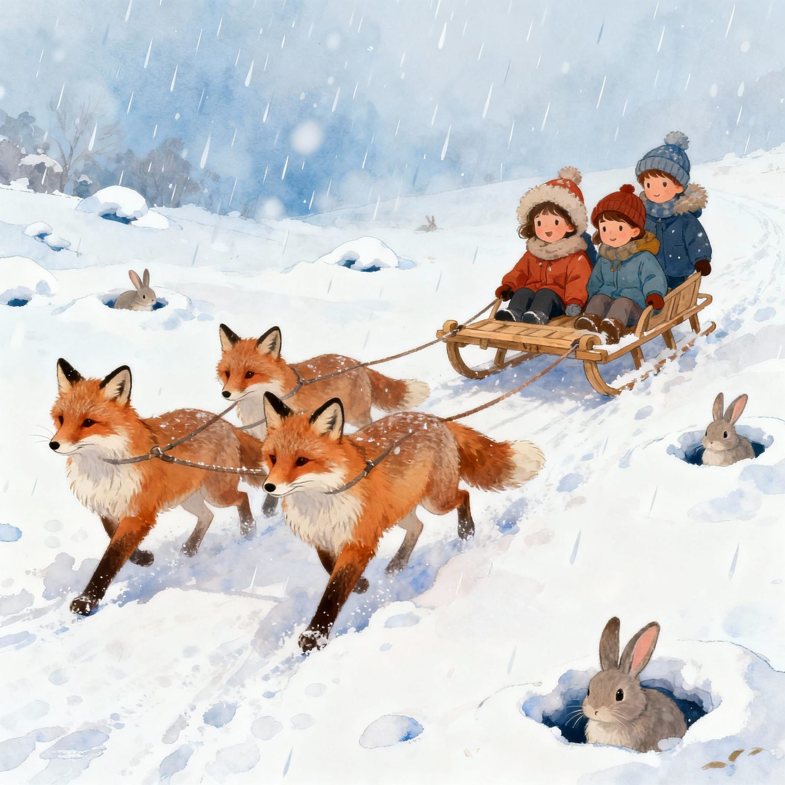 Winter Foxes Pulling Sled with Children in Snowy Landscape