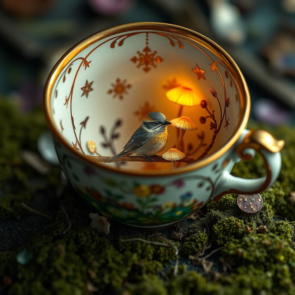 Miniature Forest Bird in Antique Teacup, Fantasy Art
