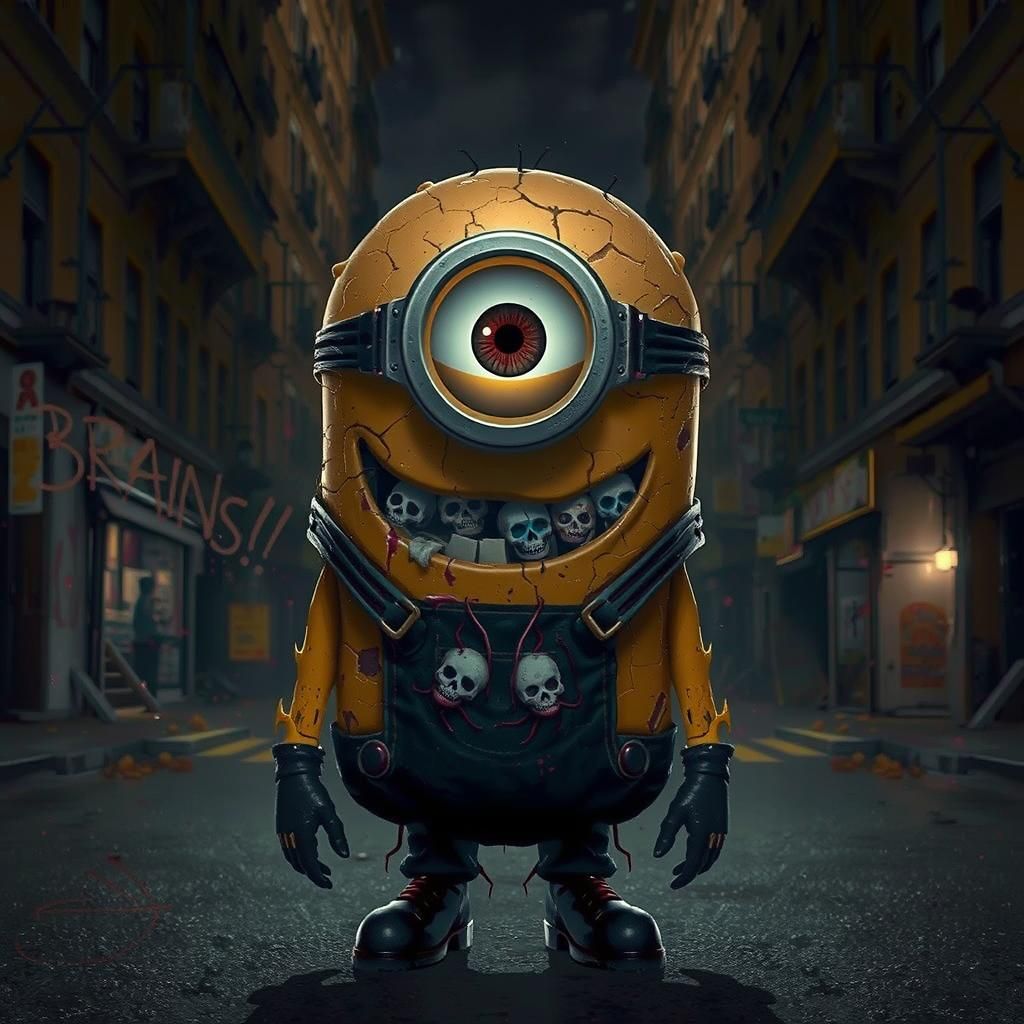 Zombified Minion in Neon Cityscape Digital Art