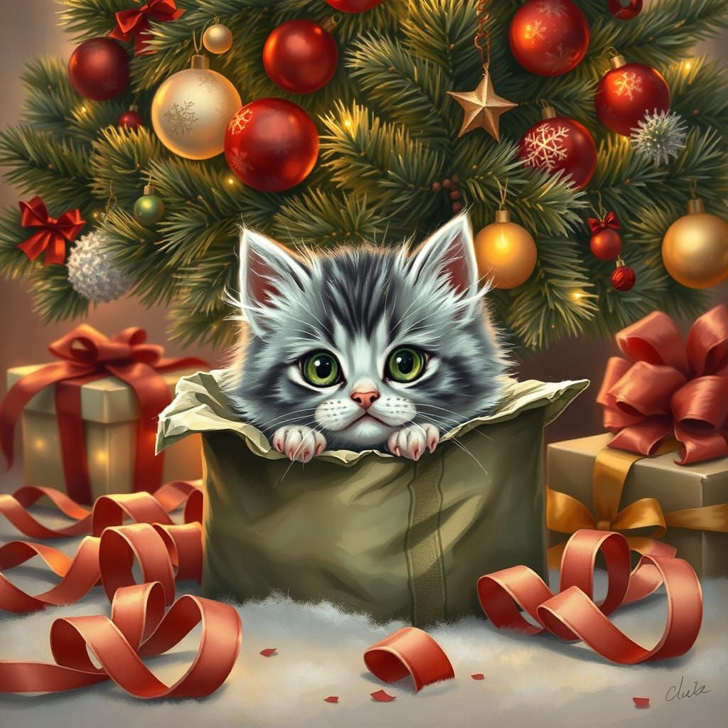 Festive Kitten Unwraps Christmas Joy