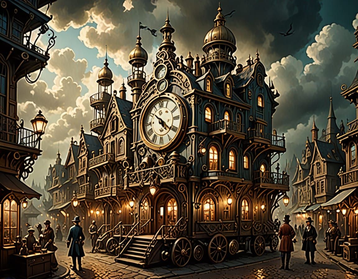 Steampunk Rococo Clockwork Village in Precisionist Style