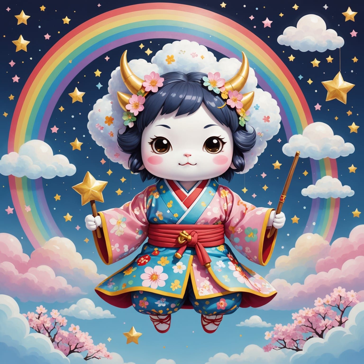 Kawaii Oni Goddess on Cloud with Pastel Stars