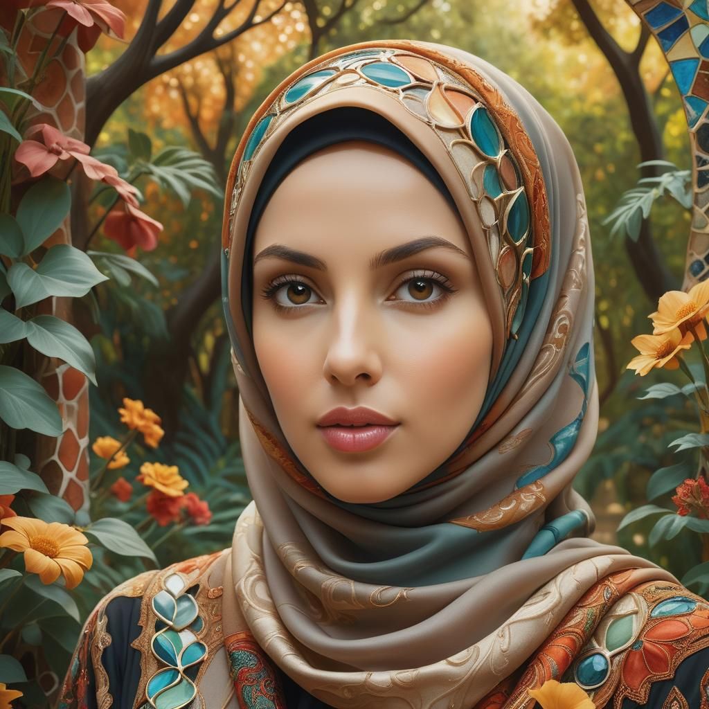 Surreal Garden Goddess in Hijab, Gaudi-Inspired Digital Art