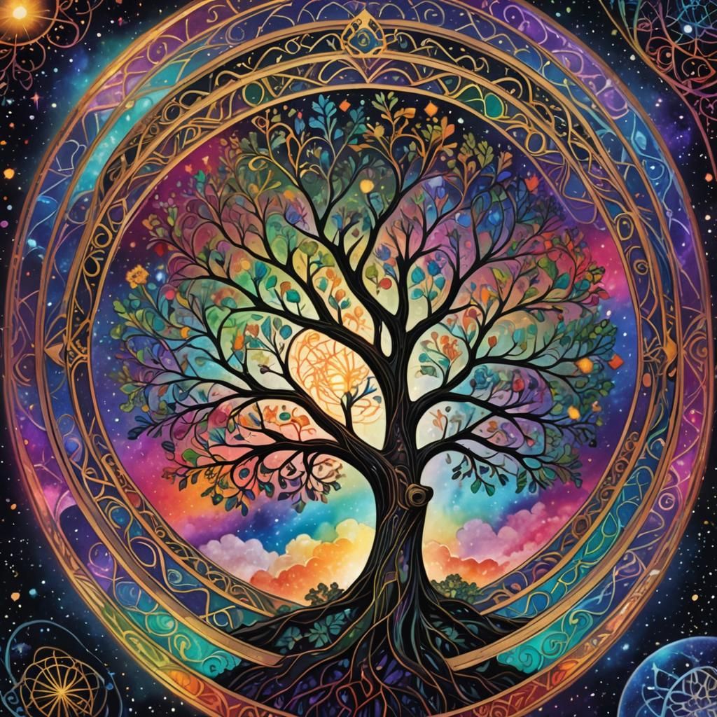 Intricate Tree of Life with Rainbow Sky