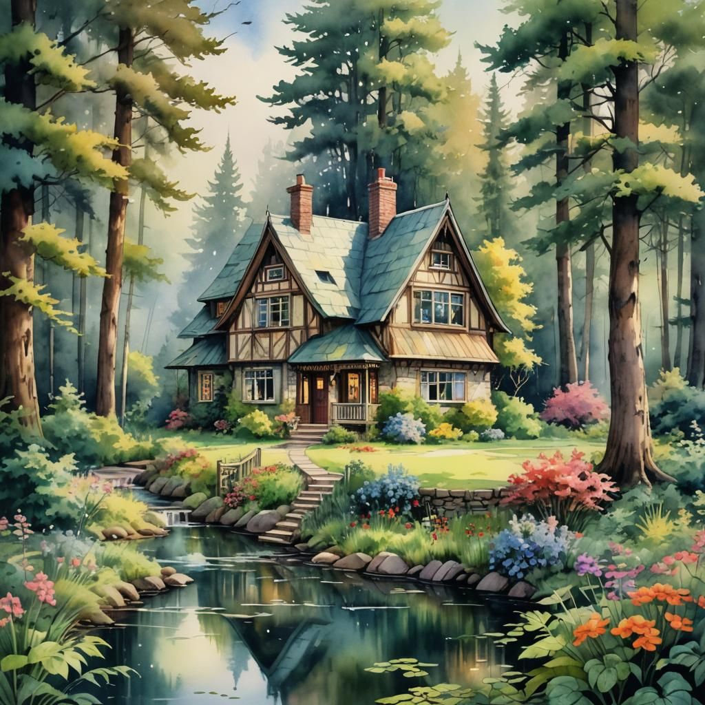 Romantic Watercolor Cottage in Forest