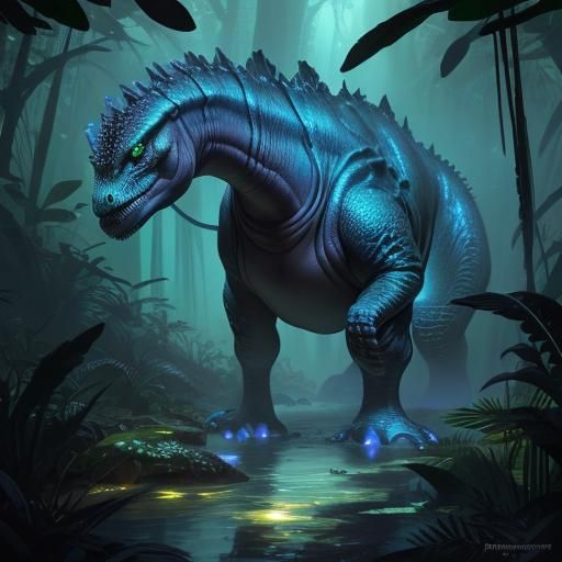 Bioluminescent Baby Dinosaurs in Magical Jungle, Detailed Ar...