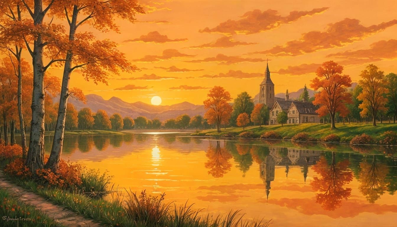 Tranquil Autumn Sunset Landscape Oil Painting