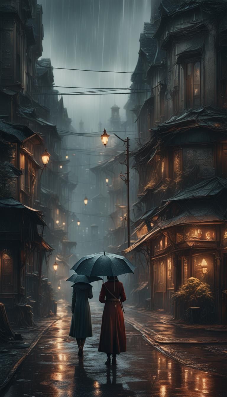 Sad Woman Waiting in Rainy Street: Matte Painting