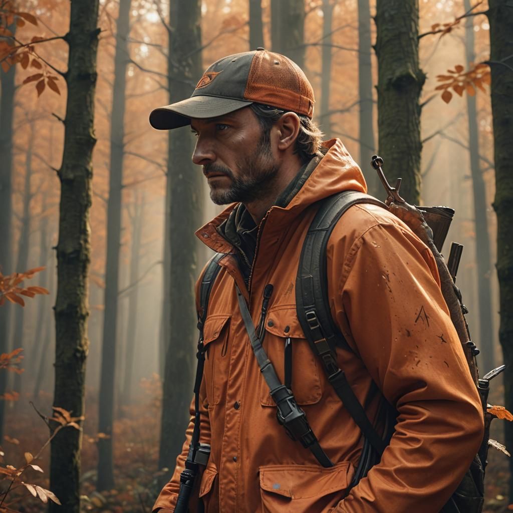A Man in Vibrant Autumn Camouflage Looks into the Forest