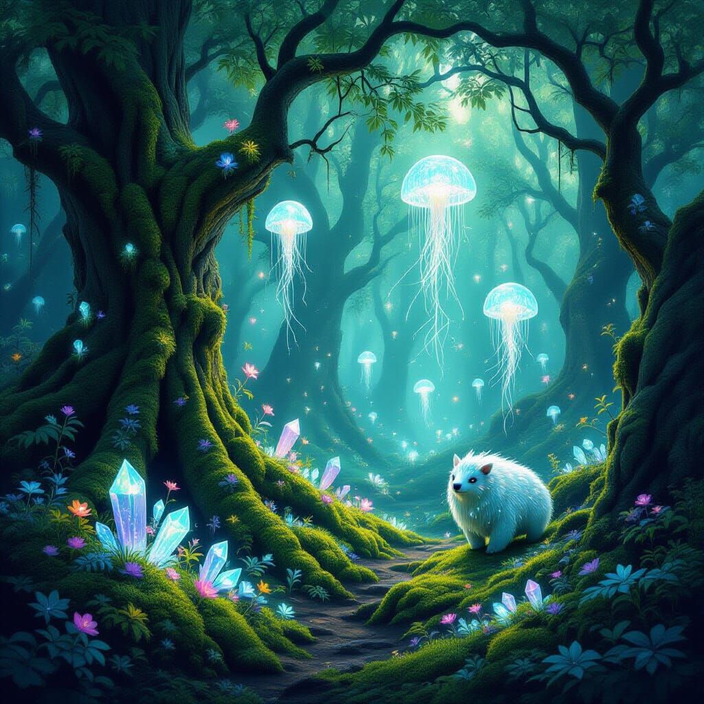 Ethereal Forest Floor with Crystalline Flora and Gentle Beas...