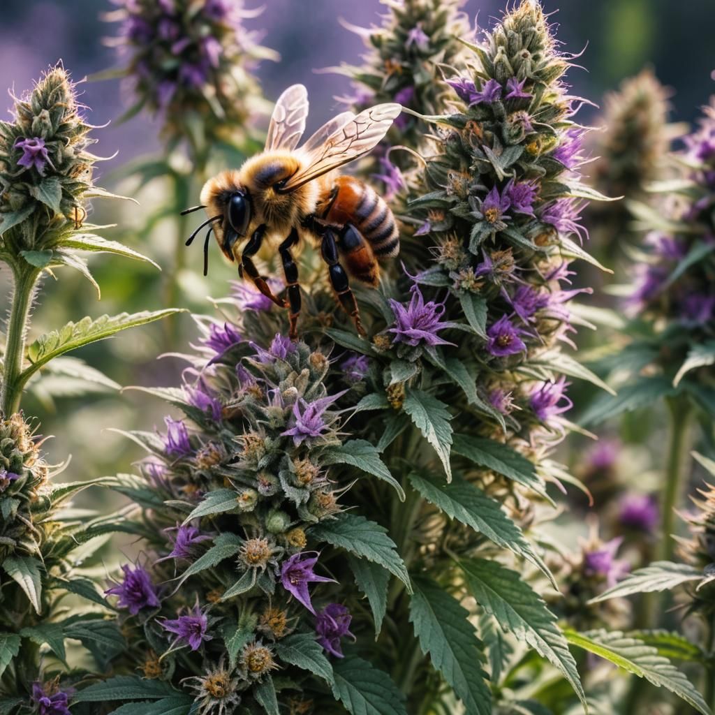 Bee on Cannabis Flower in a Purple Haze