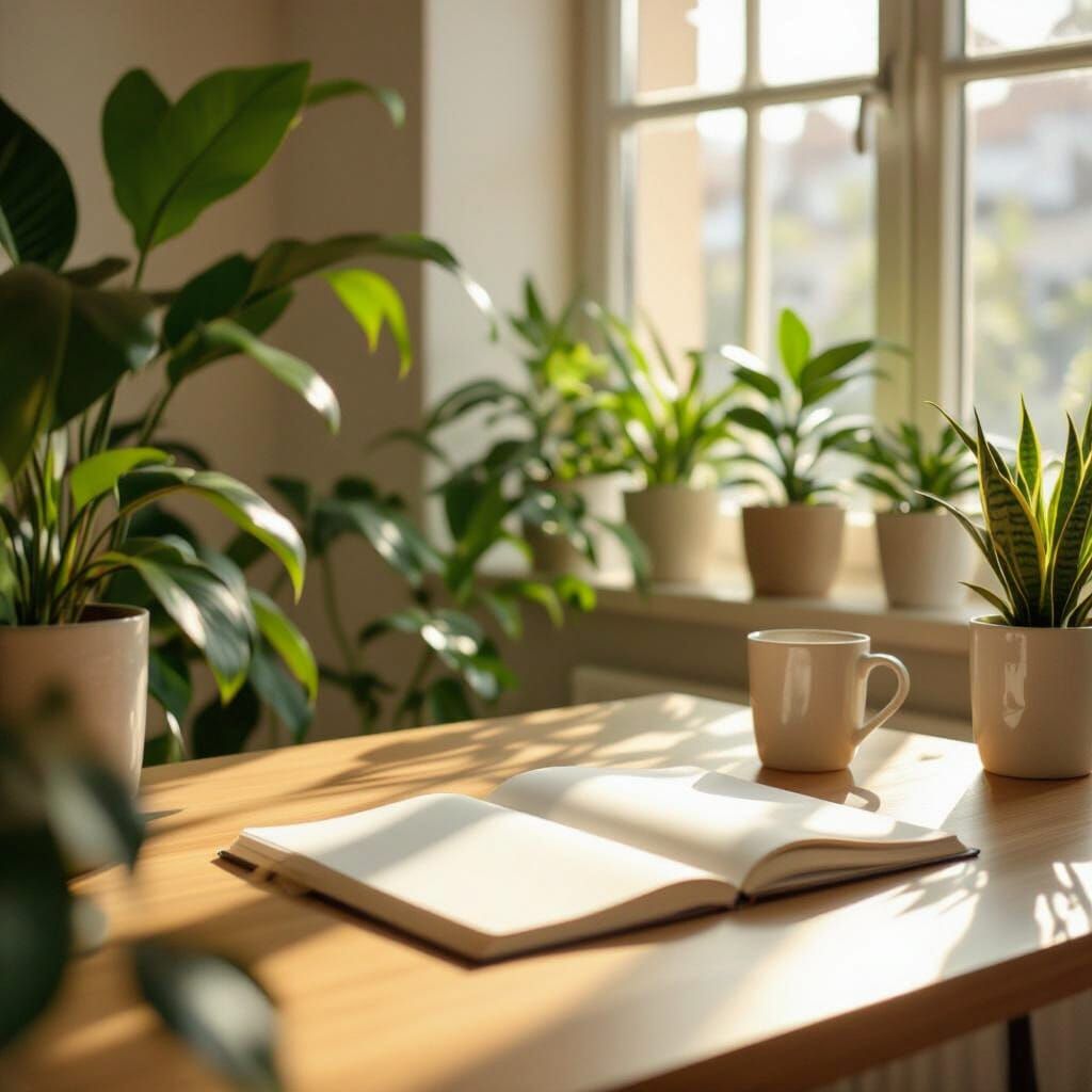 Minimalist Office Desk with Natural Light and Plants