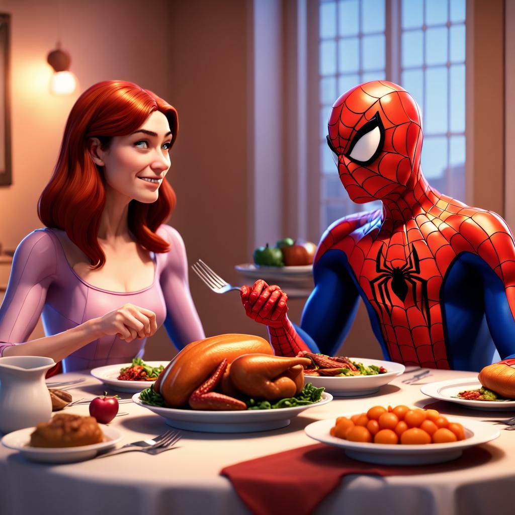 Spiderman and Mary jane Wattson having Thanksgiving dinner together
