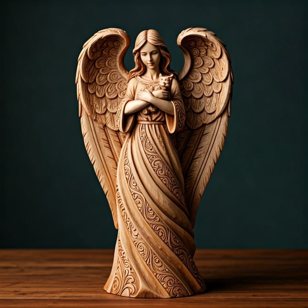Detailed Wood Carving: Angel Holding a Cat