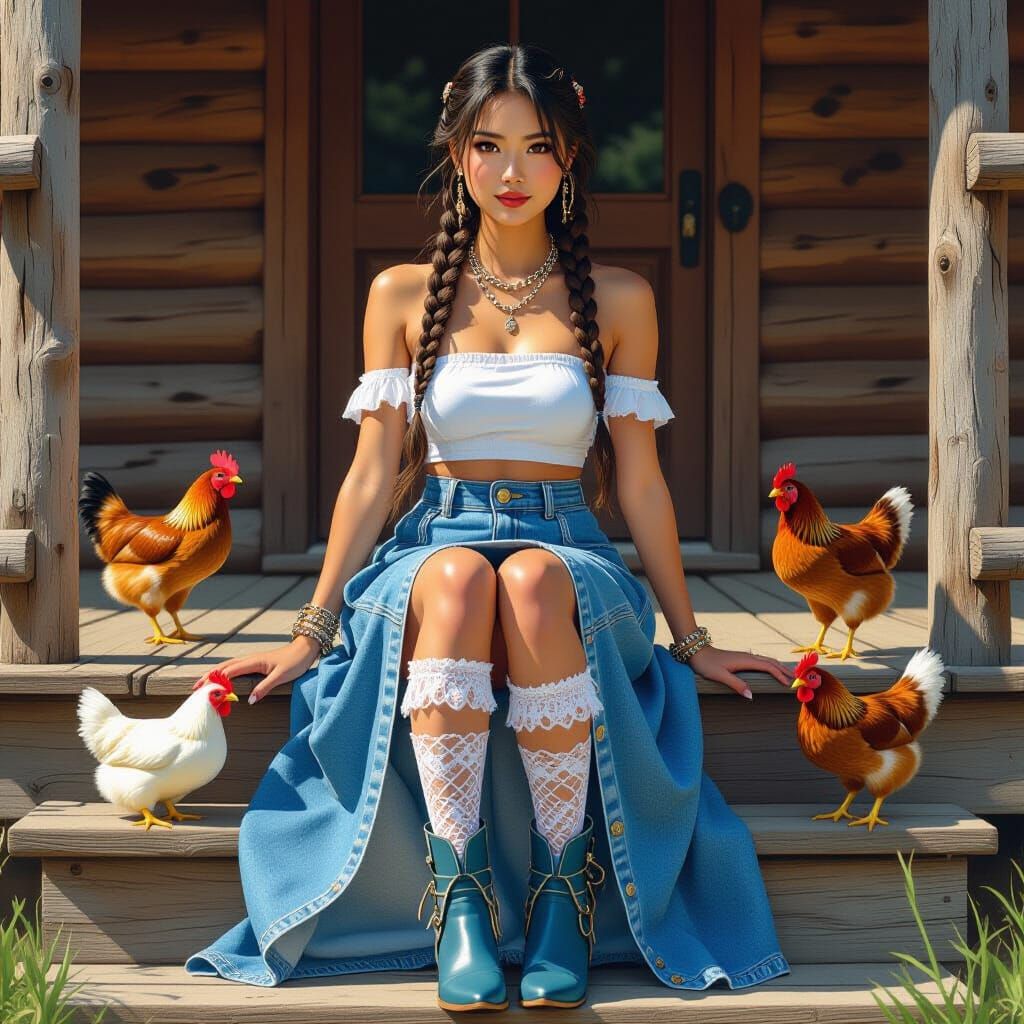 Asian Woman with Chickens in Realistic Digital Painting Styl...