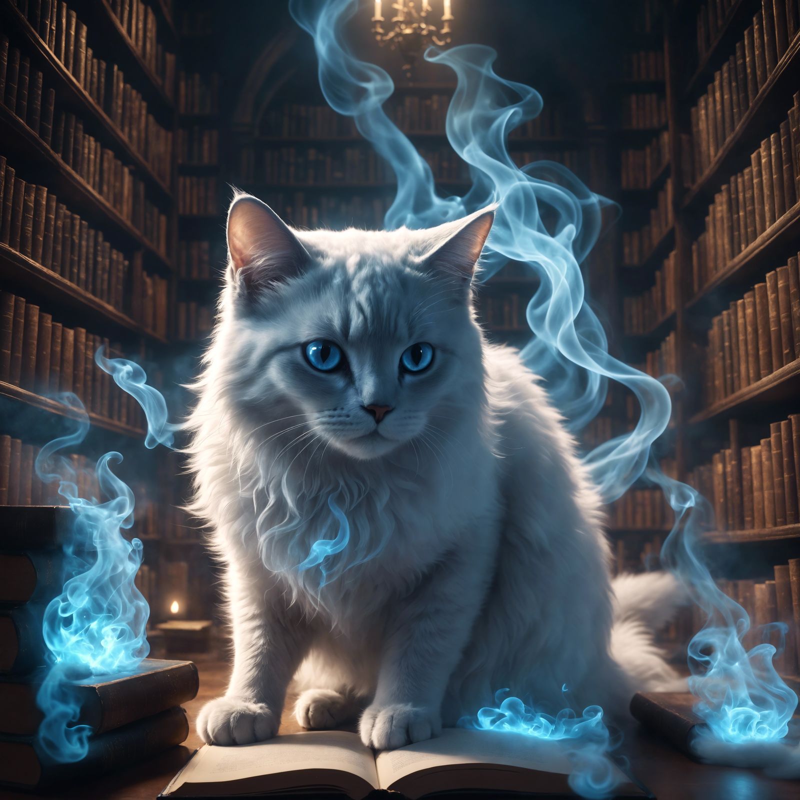 Translucent Ghost Cat in Library, Digital Art