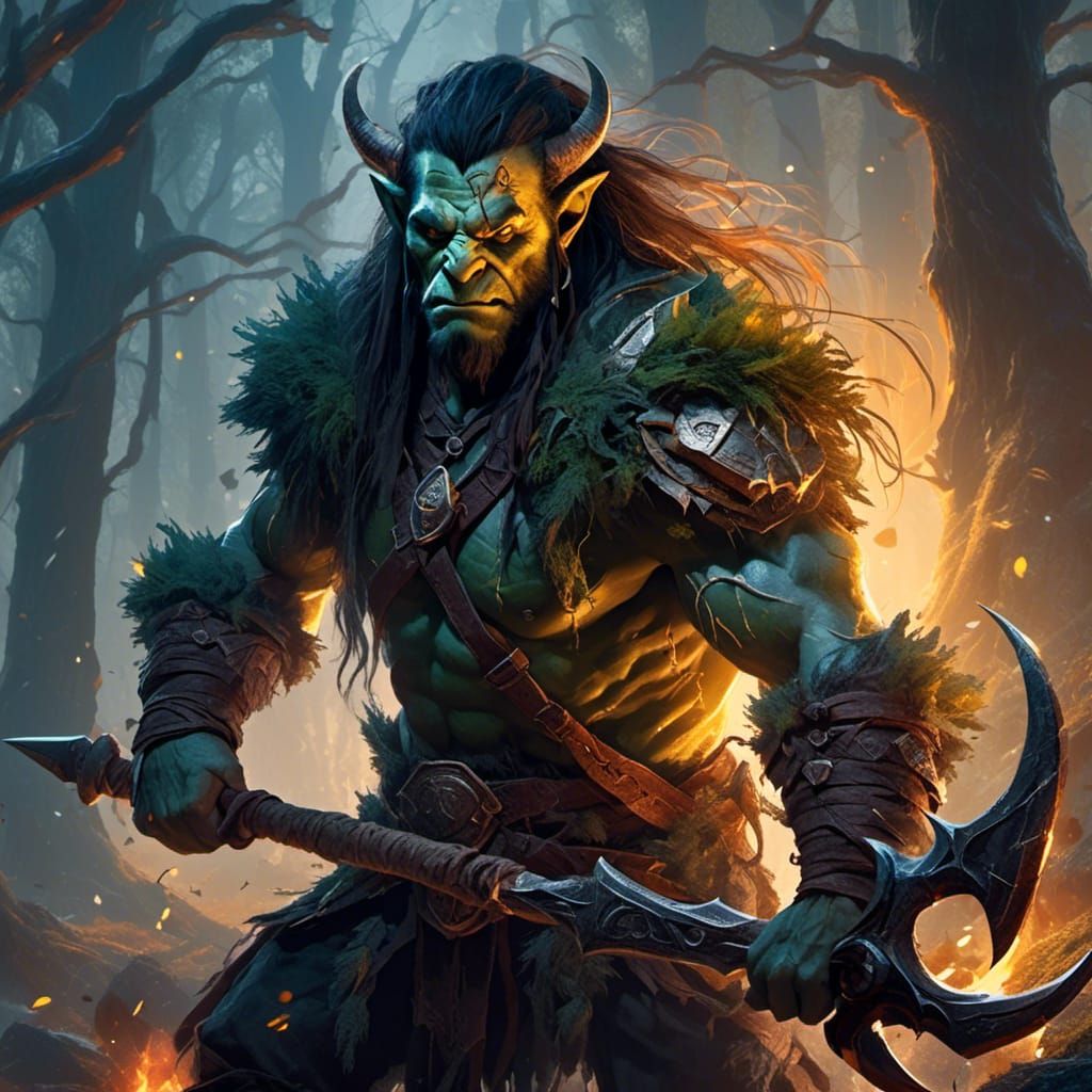 Mystical Half Orc Warrior in Ancient Forest