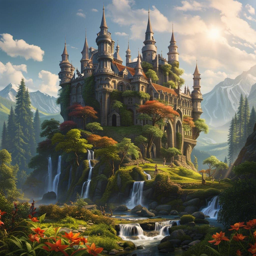 Enchanted Castle in Mystical Forest, Fantasy Art