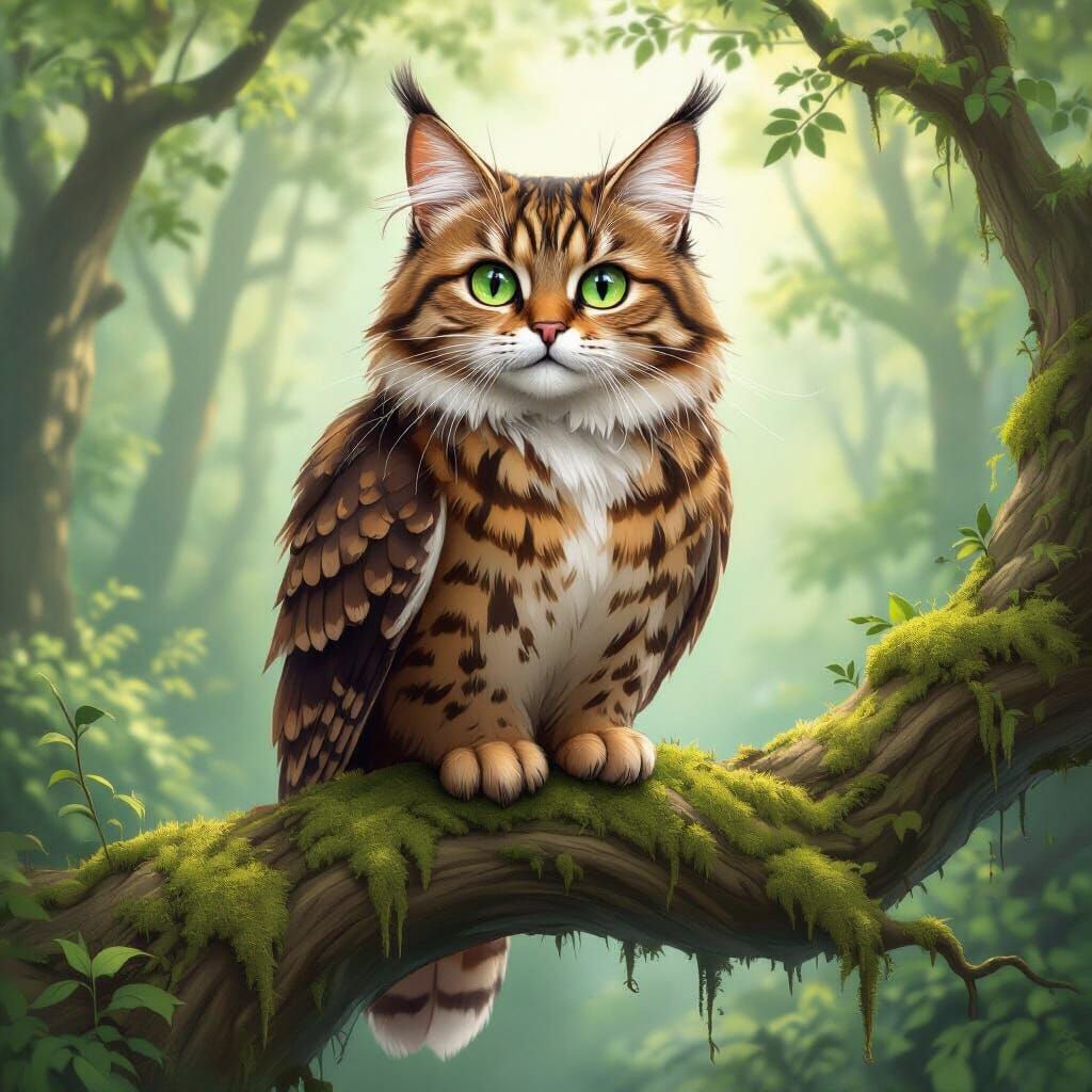 Mythical Meowl in Lush Forest Fantasy Illustration