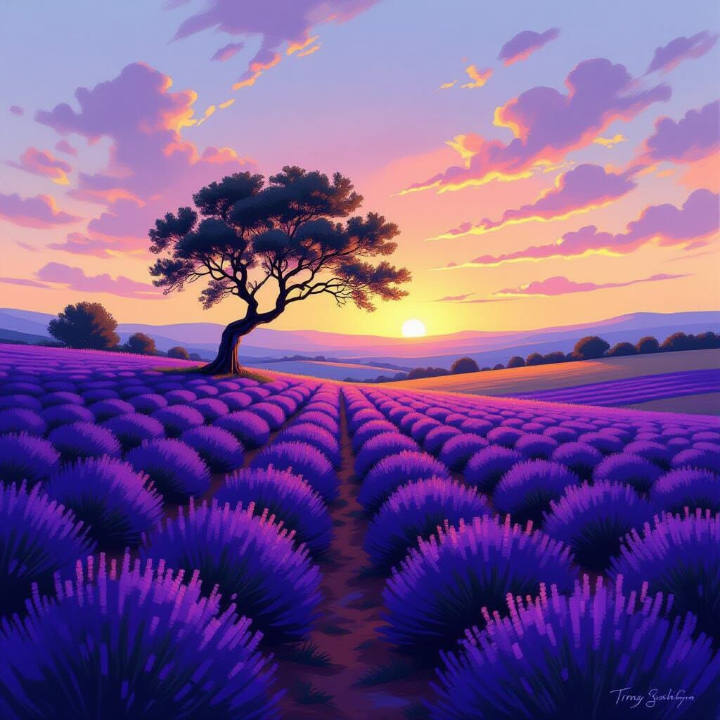 Wind-Twisted Tree in Lavender Field at Twilight