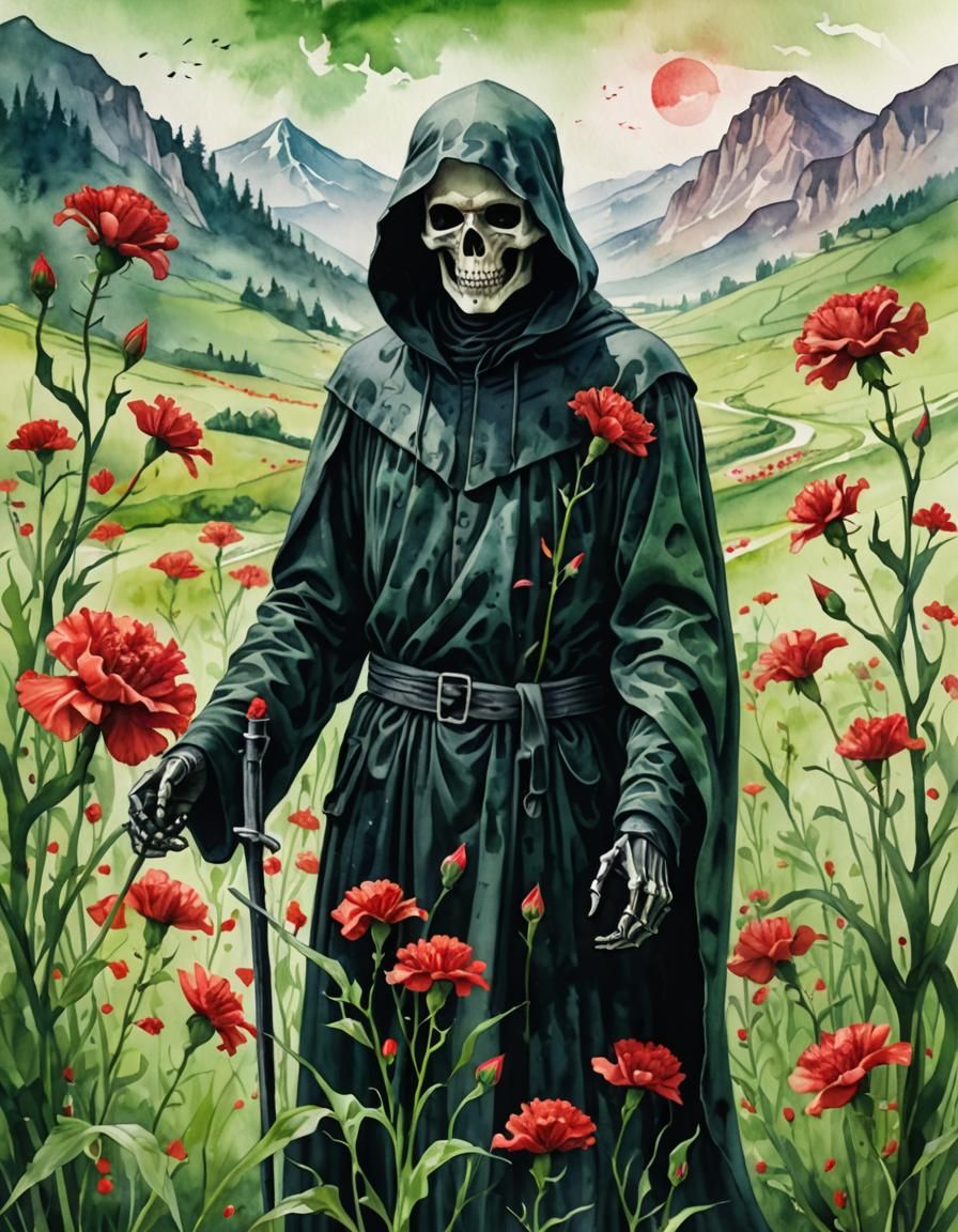 Grim Reaper Double Exposure in Watercolor Style