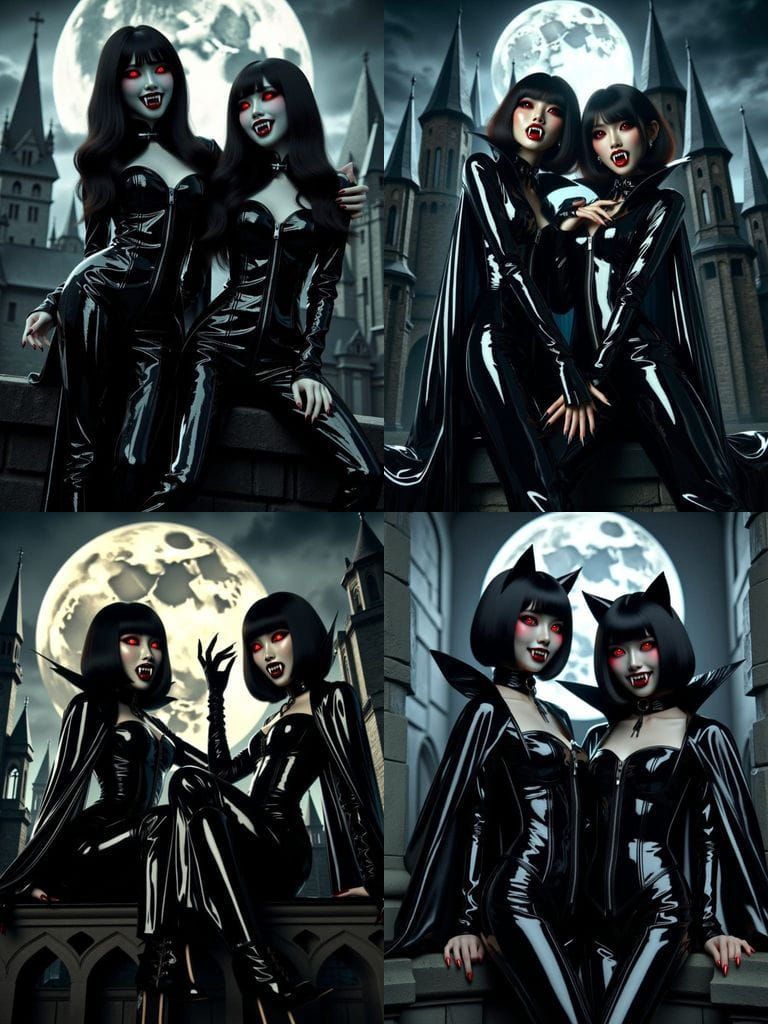 Asian Vampire Anime Girls Pose on Gothic Cathedral Rooftop a...