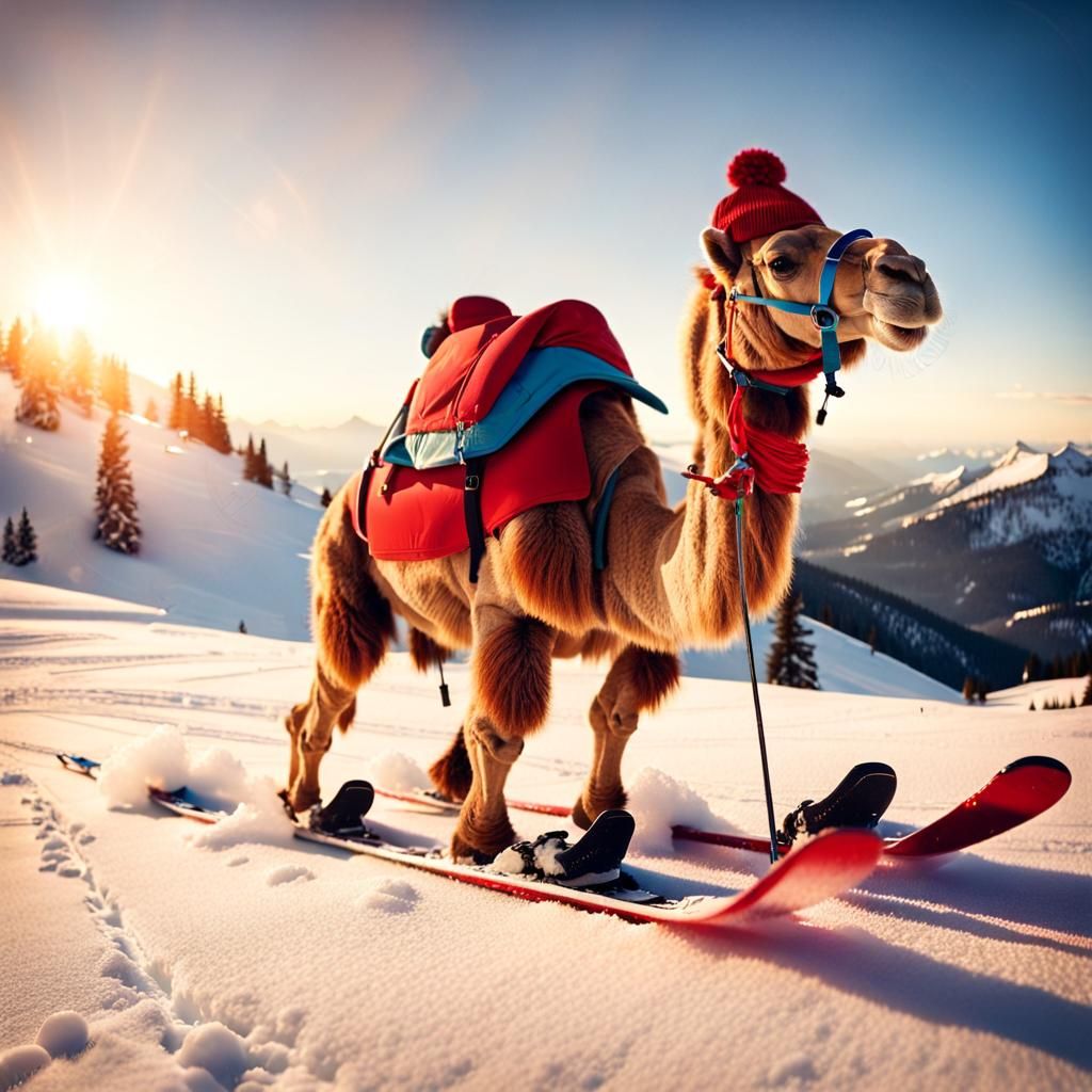 Cute Camel Learns to Ski at Sunset